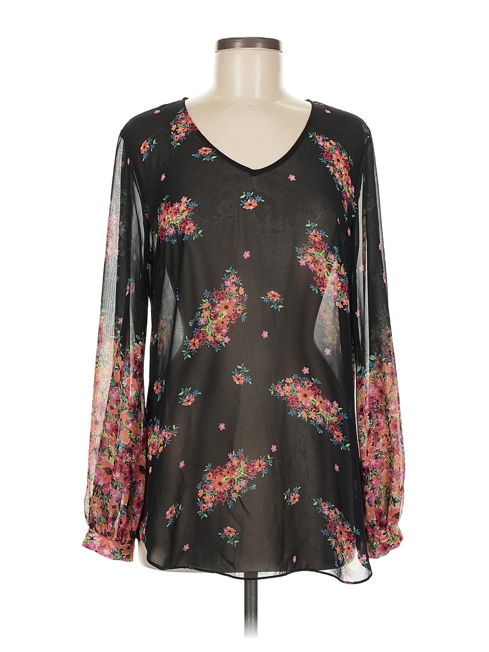CAbi Black Sheer Floral V-Neck Blouse